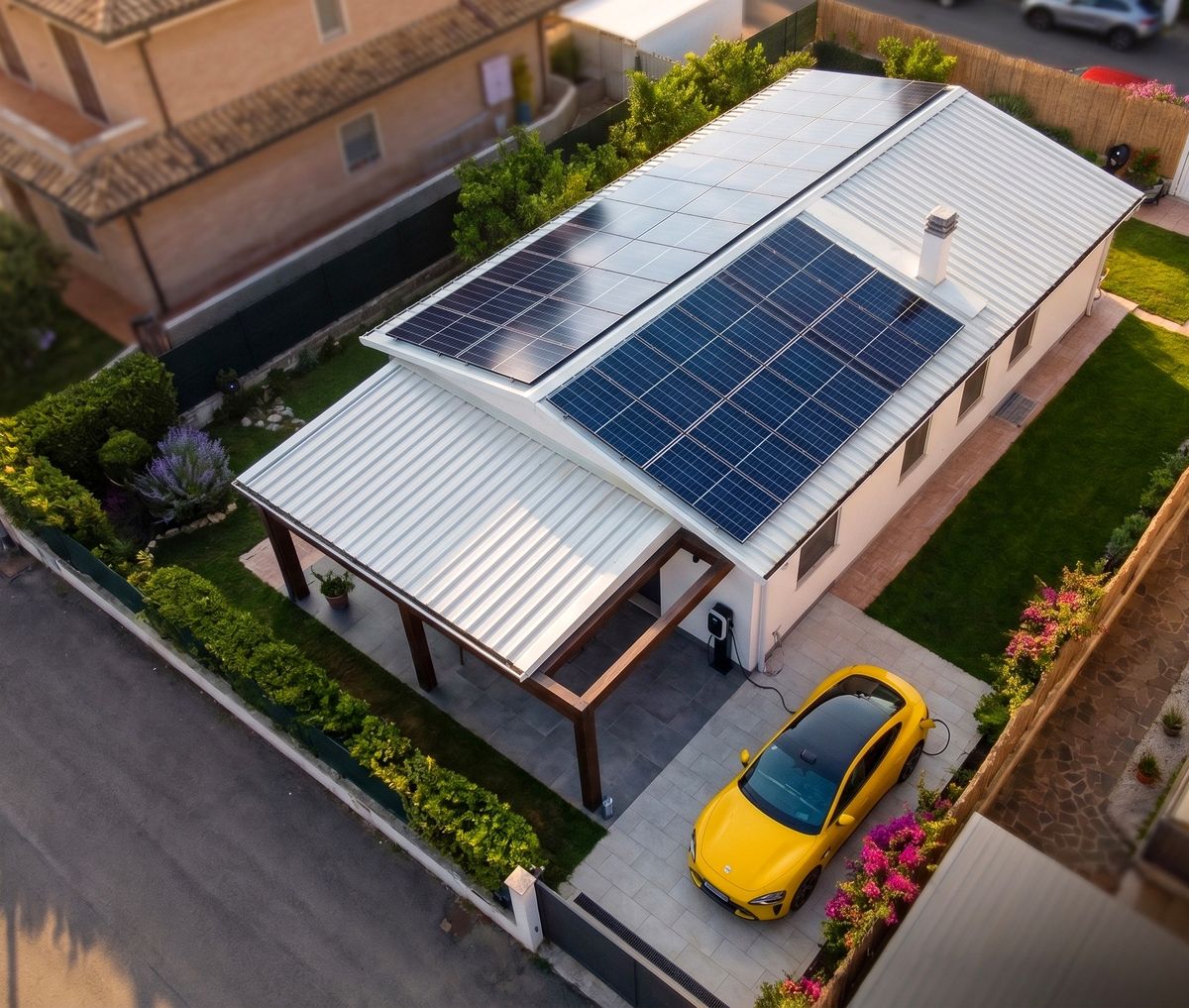 Impianto fotovoltaico ibrido IBWT installato: pannelli sul tetto, accumulo e auto elettrica in carica