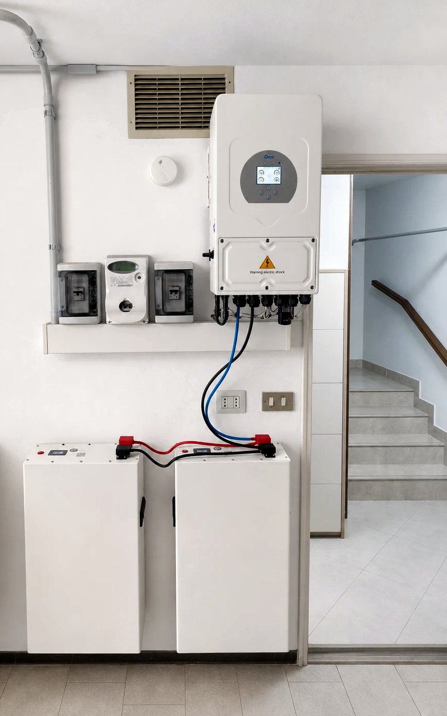 Due moduli batteria IBWT installati a terra sotto un inverter ibrido, in un locale interno