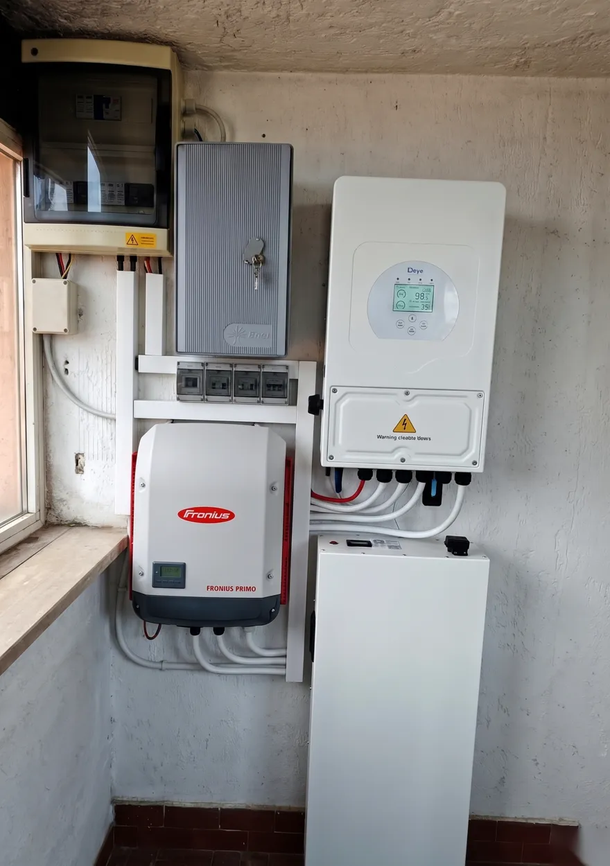 Fotomontaggio illustrativo: inverter Fronius Primo con gateway Deye e modulo batteria IBWT sulla stessa parete