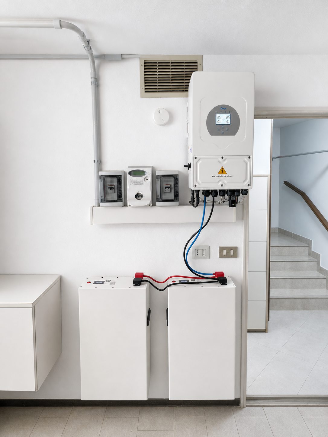 Due moduli batteria IBWT installati a terra sotto un inverter ibrido, in un locale interno